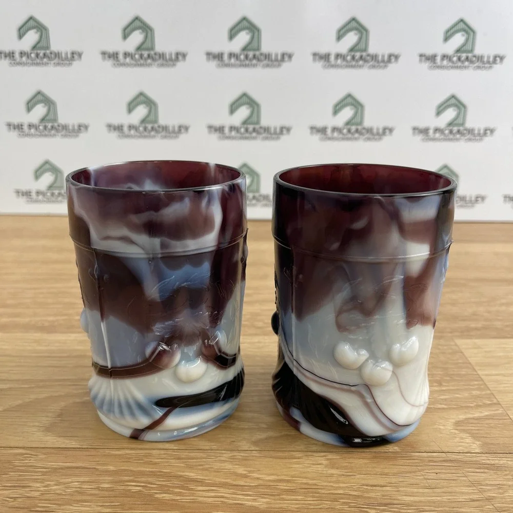 Imperial Glass Purple Slag Glass Morning Glory Tumblers Set of 2 Vintage IG Logo